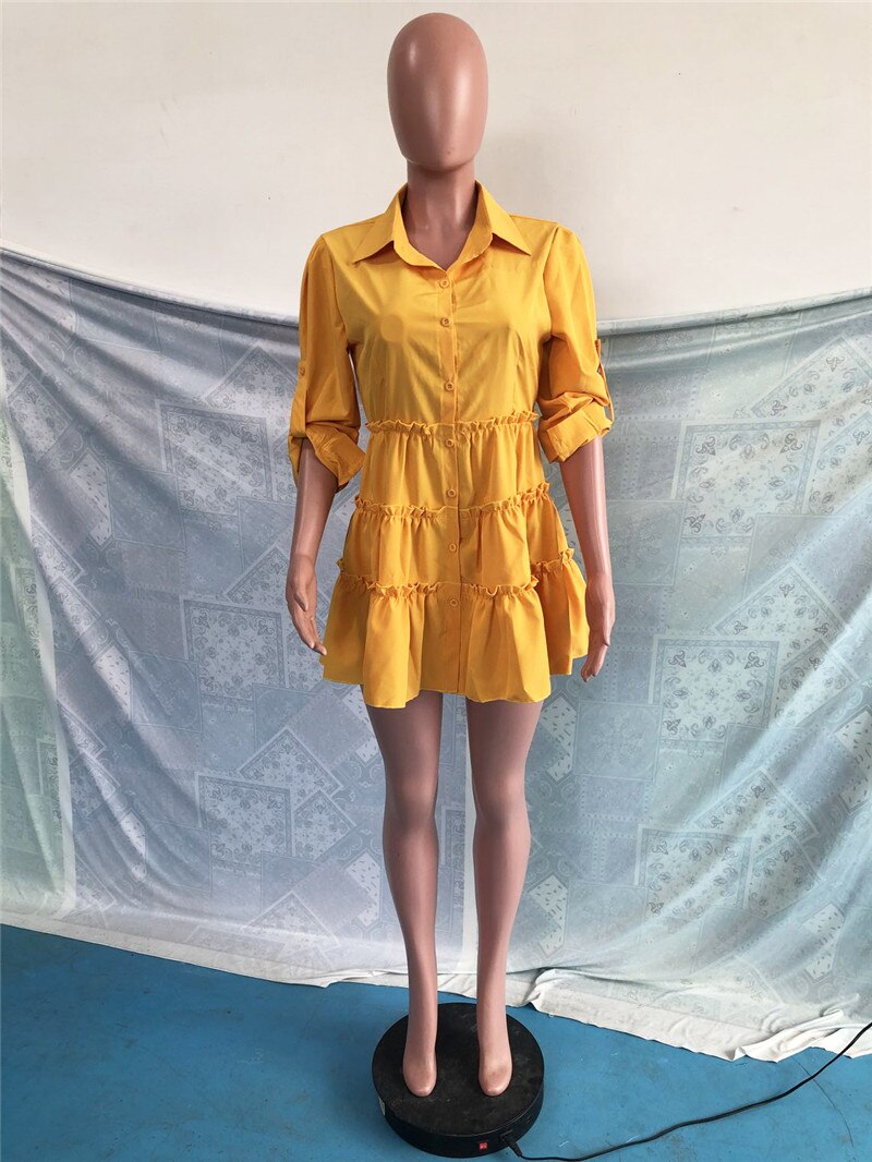 Solid Ruffles Shirt Dress Women Streetwear Half Sleeve Buttons Up High Waist Mini Dress Summer Casual Party Dresses