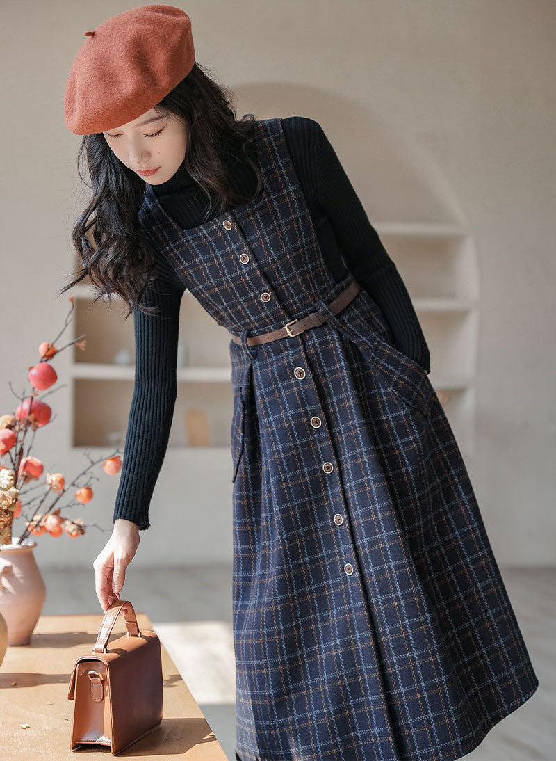 Button Up Plaid Pinafore Dress Maxct