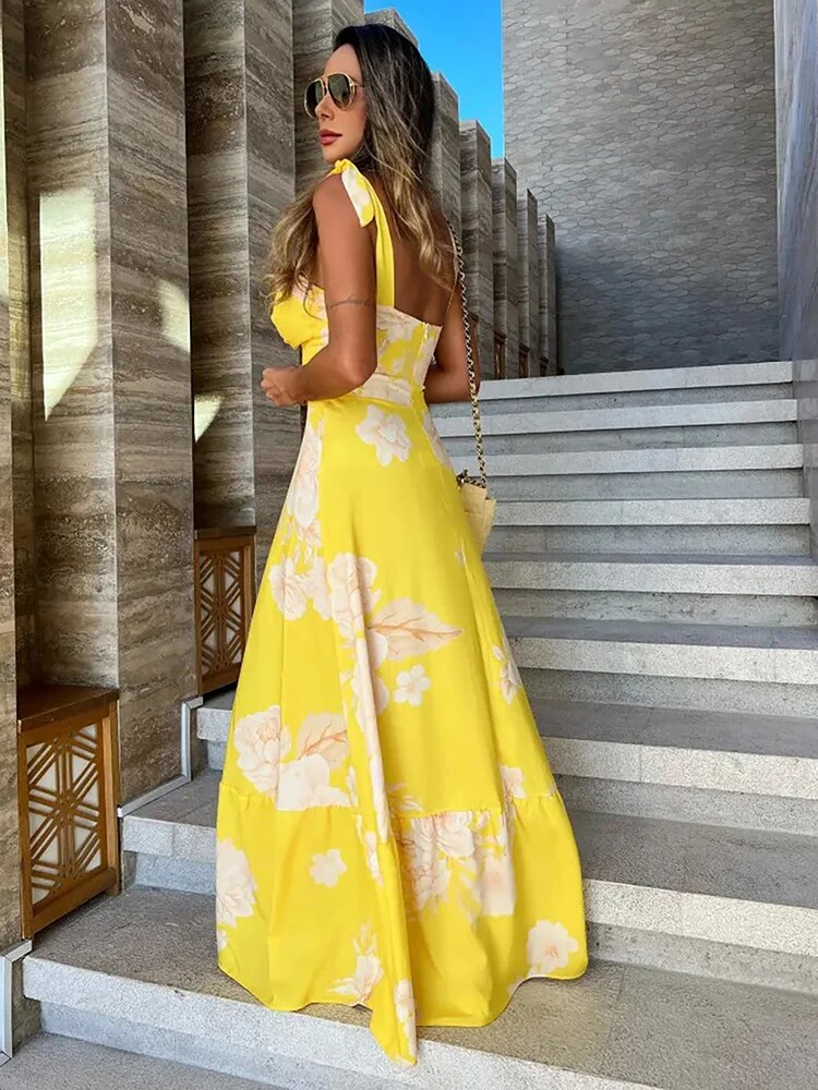 Maxct Floral Printed Yellow Dresses For Women Elegant Sleeveless Long Dress Holiday Lace Up Robe Summer Bodycon Vestidos Feminino