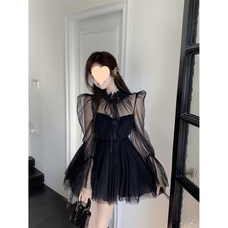 Maxct avant garde dress to impress Long Sleeve Polka Dot Mesh Stitching Tube Top Waist Slimming Pettiskirt Dress Women's Spring and Autumn New
