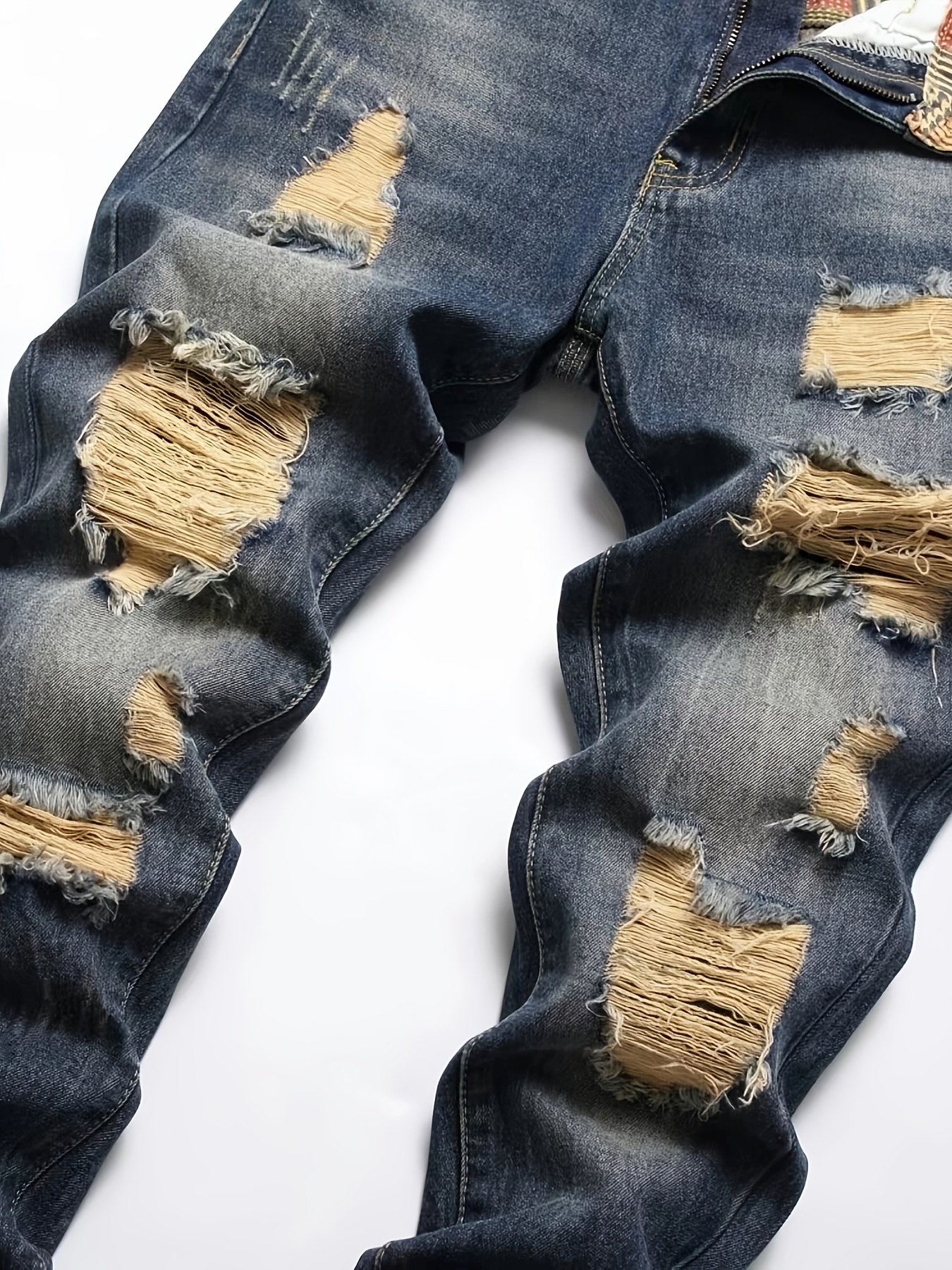 Regular Fit Ripped Jeans, Men's Casual Street Style Distressed Denim Pants For All Seasons