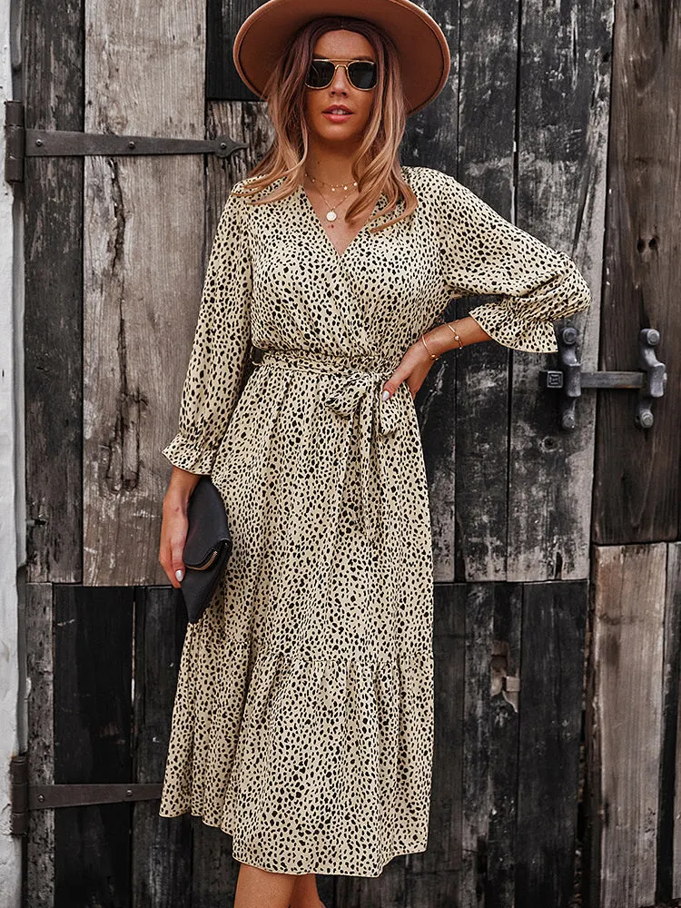 V Neck Boho Ruffle Flowy Midi Dress Maxct