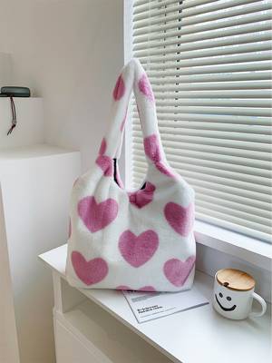 Fluffy Heart Pattern Shoulder Tote Bag - Women Tote Bags