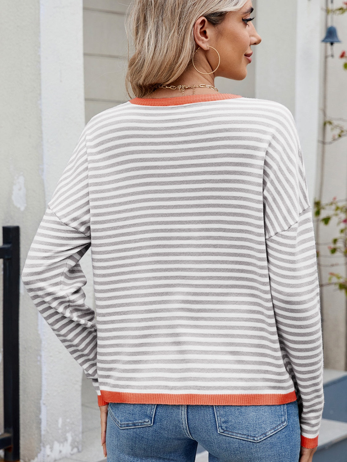 Maxct &Striped Contrast Round Neck Long Sleeve Sweater