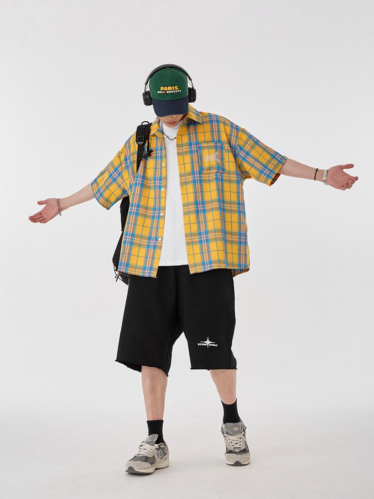 Maxct 90s Streetwear Fashion Retro Contrast Color Plaid Shirt Women's Summer New Letter Embroidered Design Casual Half Sleeve Coat Top