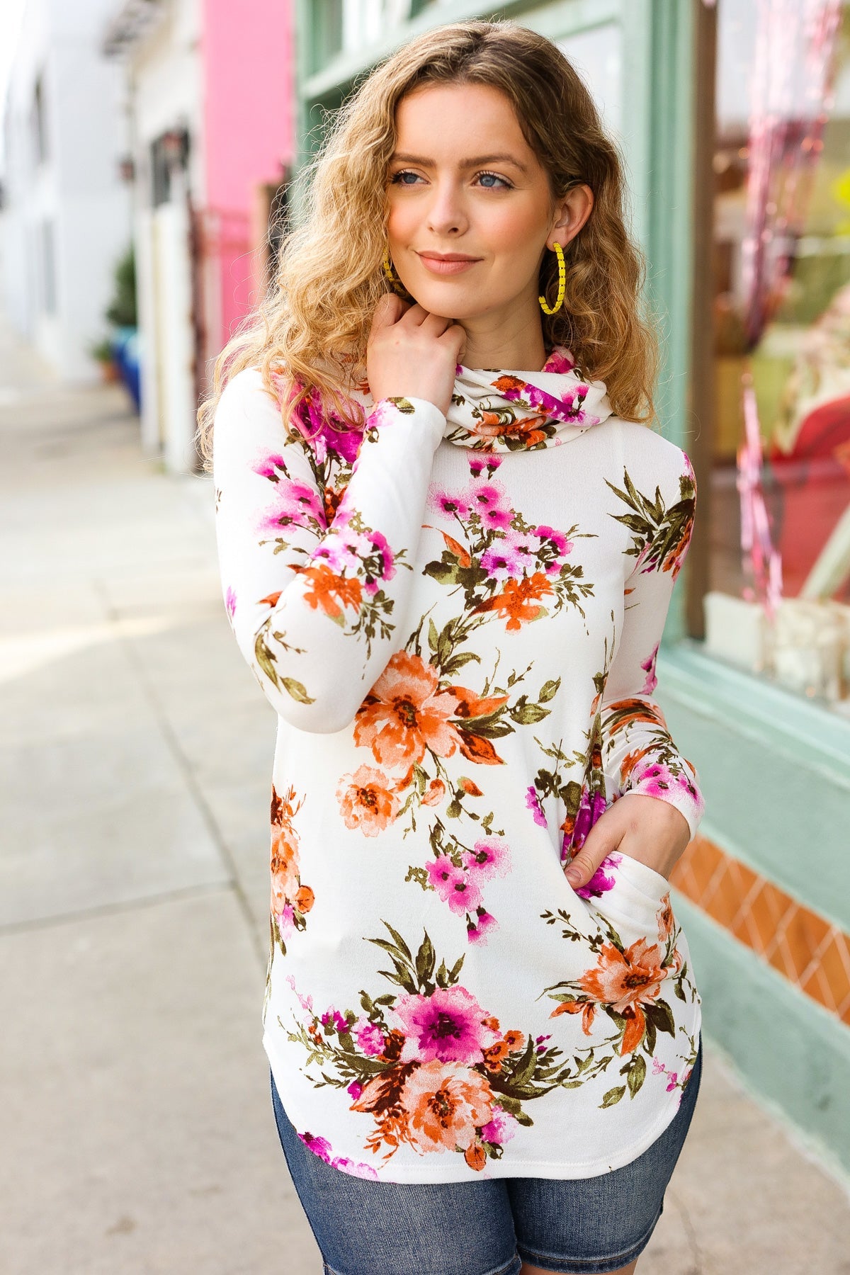 Maxct &Just My Type Cream Floral Cowl Neck Sweater Top