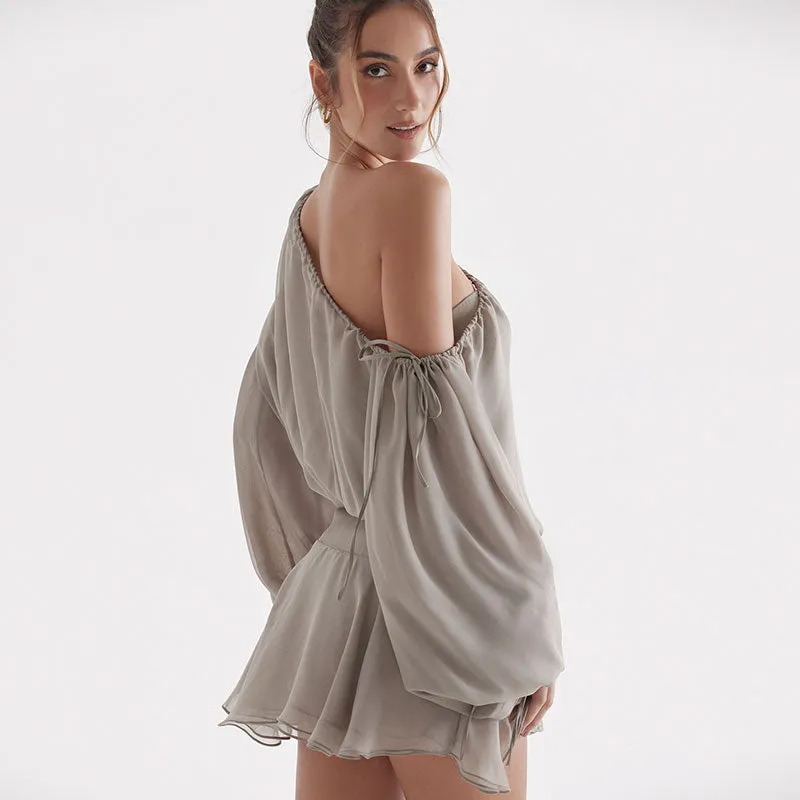 Chiffon Ruffle Hem Bishop Sleeve One Shoulder Mini Dress - Gray Maxct