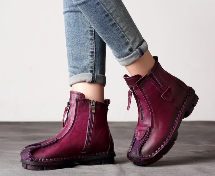 Maxct Trendy Ethnic Retro Handmade Leather Zipper Short Boots