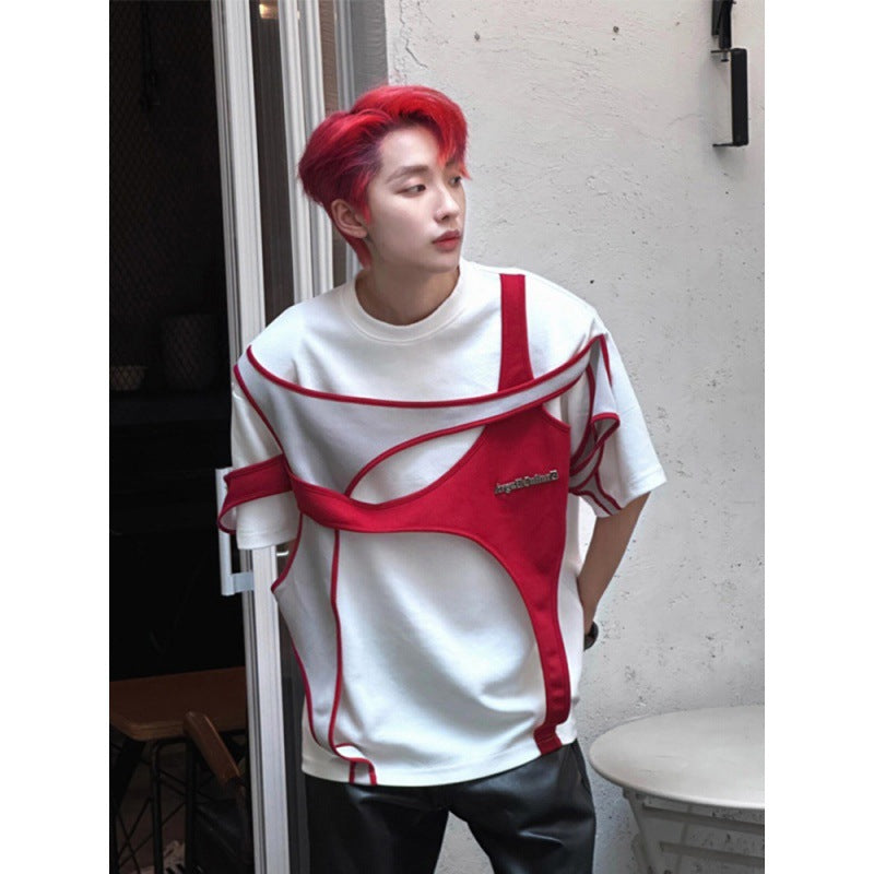 Maxct classy mens fashion American High Street Heavy Deconstruction Stitching Short Sleeve Men's Summer Advanced Design Sense Shoulder Pad T-shirt Niche Couple Half Sleeve