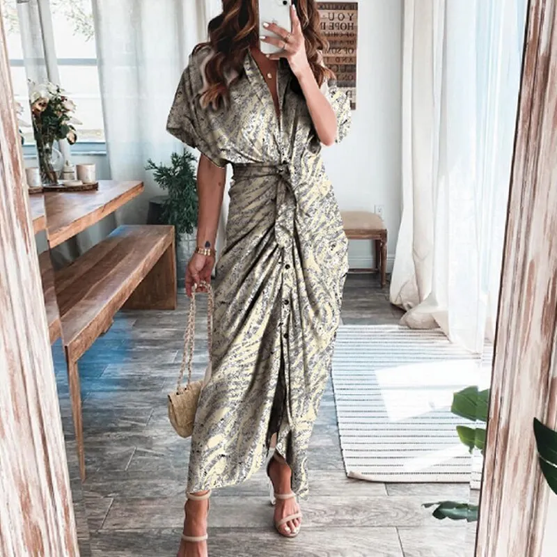 Maxct Short Sleeve Spring Dresses Fashion Summer Turn-down Collar Women Party Dress Elegant Button Office Lady Shirt Dress