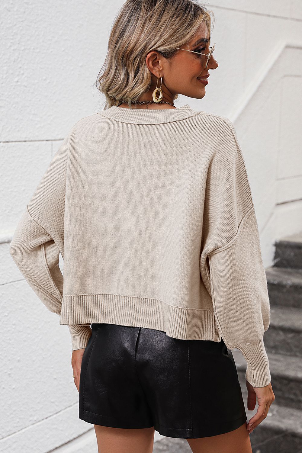 Maxct &Round Neck Dropped Shoulder Pullover Sweater
