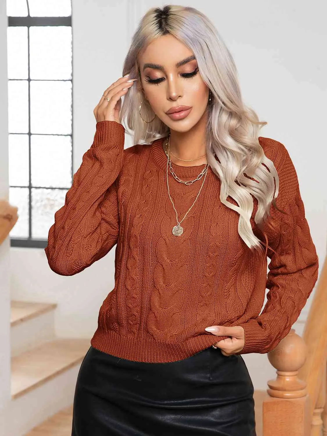 Maxct &Cable-Knit Round Neck Long Sleeve Sweater