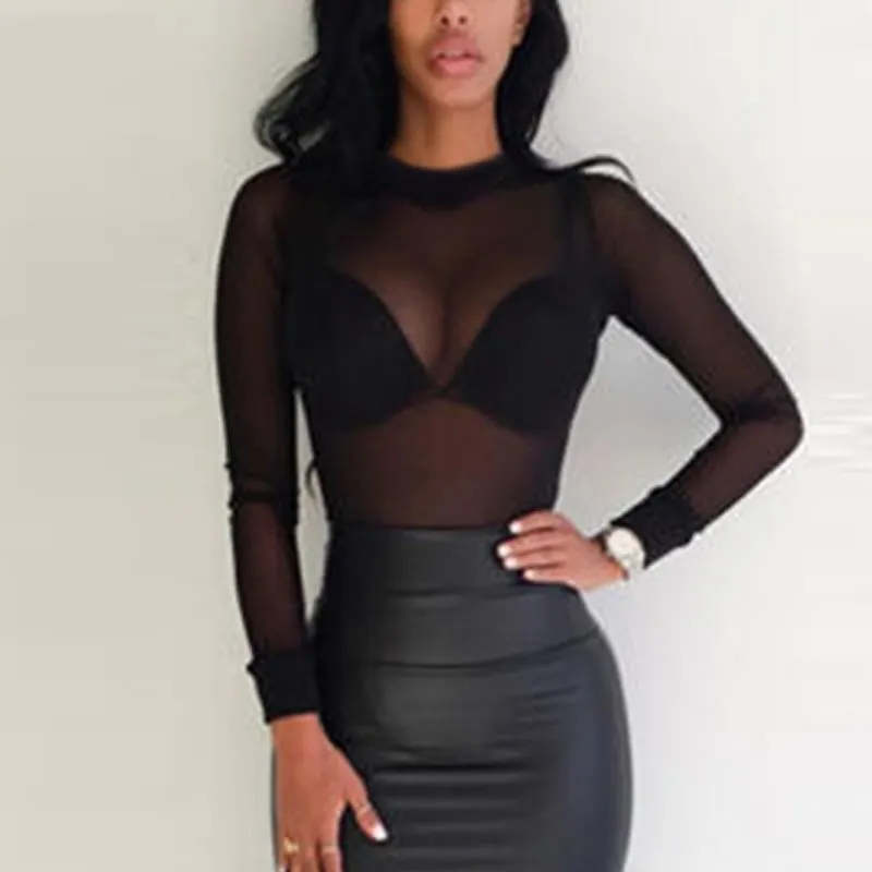 Maxct Women Blouses See Through Transparent Mesh Stand Neck Long Sleeve Sheer Blouse Shirt Ladies Tops Tee