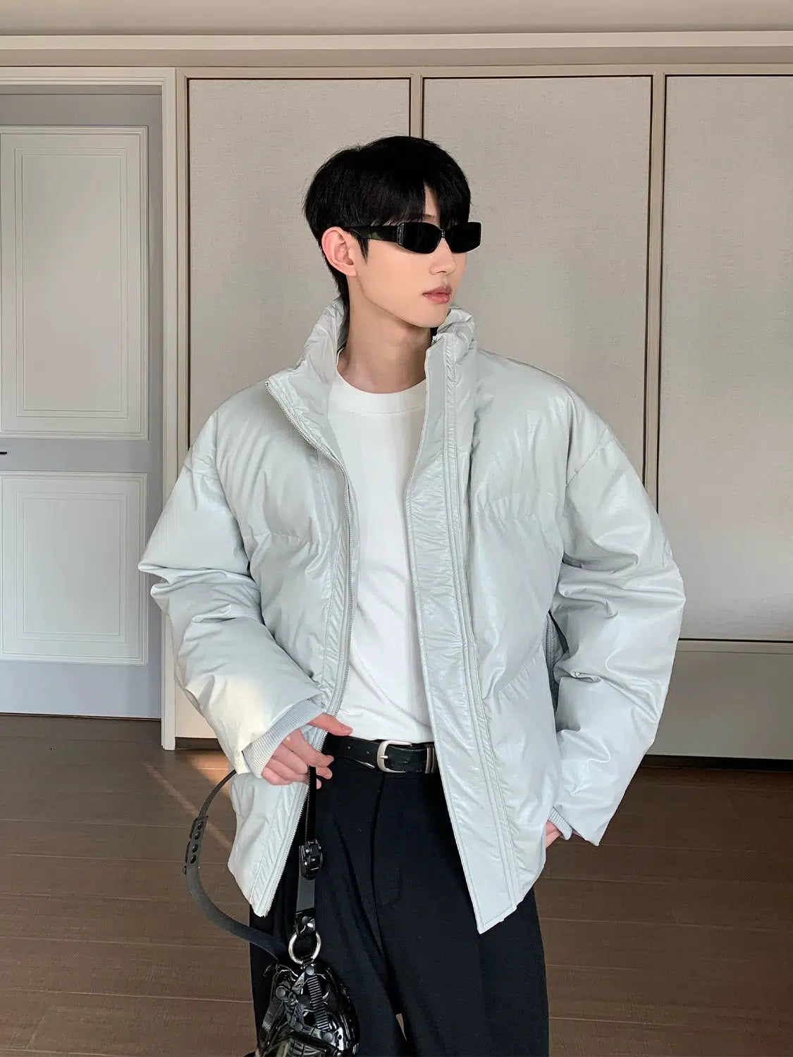 Maxct Cotton-filled Stand-up PU Leather Jacket