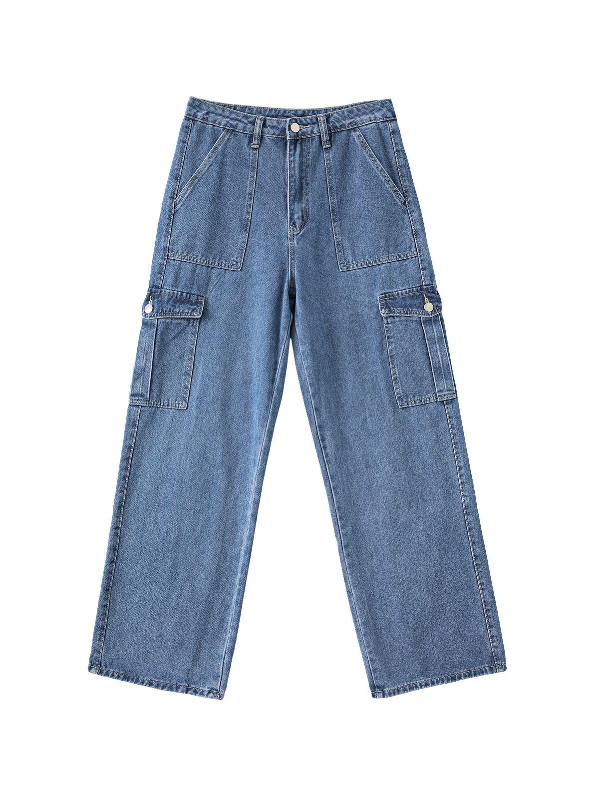 Washed Mid Waist Pocket Cargo Jeans Maxct