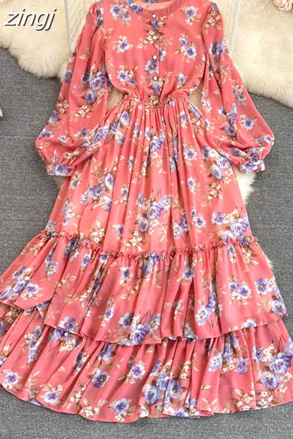 Maxct Vintage Floral Chiffon Long Dress Elegant O-Neck Puff Sleeve High Waist A-Line Ruffle Hem Vacation Beach Maxi Vestidos