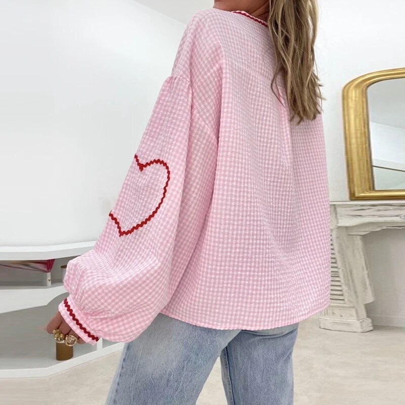 Y2K Vintage Long Sleeve T-shirts Heart Patched Plaid Front Bowknot Tie-Up Blouses Women Fashion Elegant Casual Loose Fit Tops