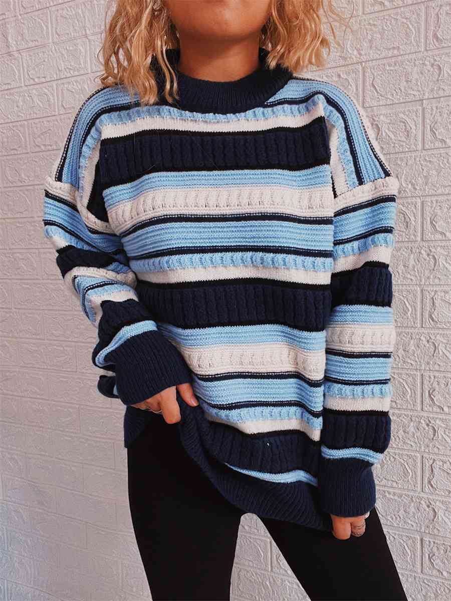 Maxct &Striped Drop Shoulder Round Neck Sweater