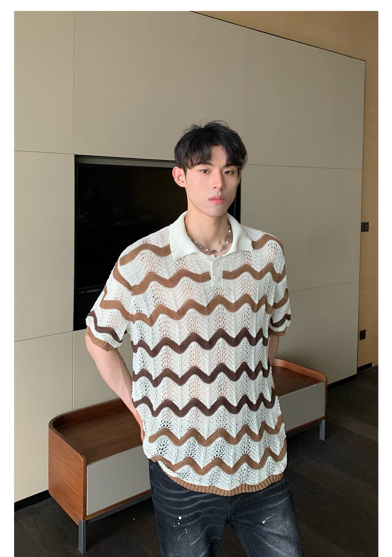 Maxct 90s Streetwear Korean Style Summer High-end Sense Hollow Color Stripe Lap Short-sleeved Niche Design POLO Shirt T-shirt Casual Top