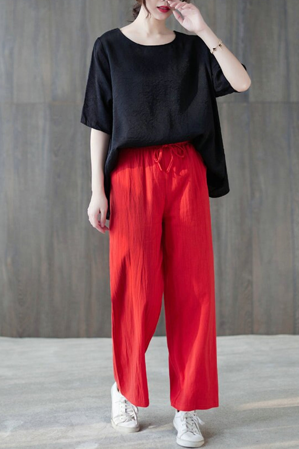 Cotton Linen Elastic Waist Colors Wide Leg Pants Maxct