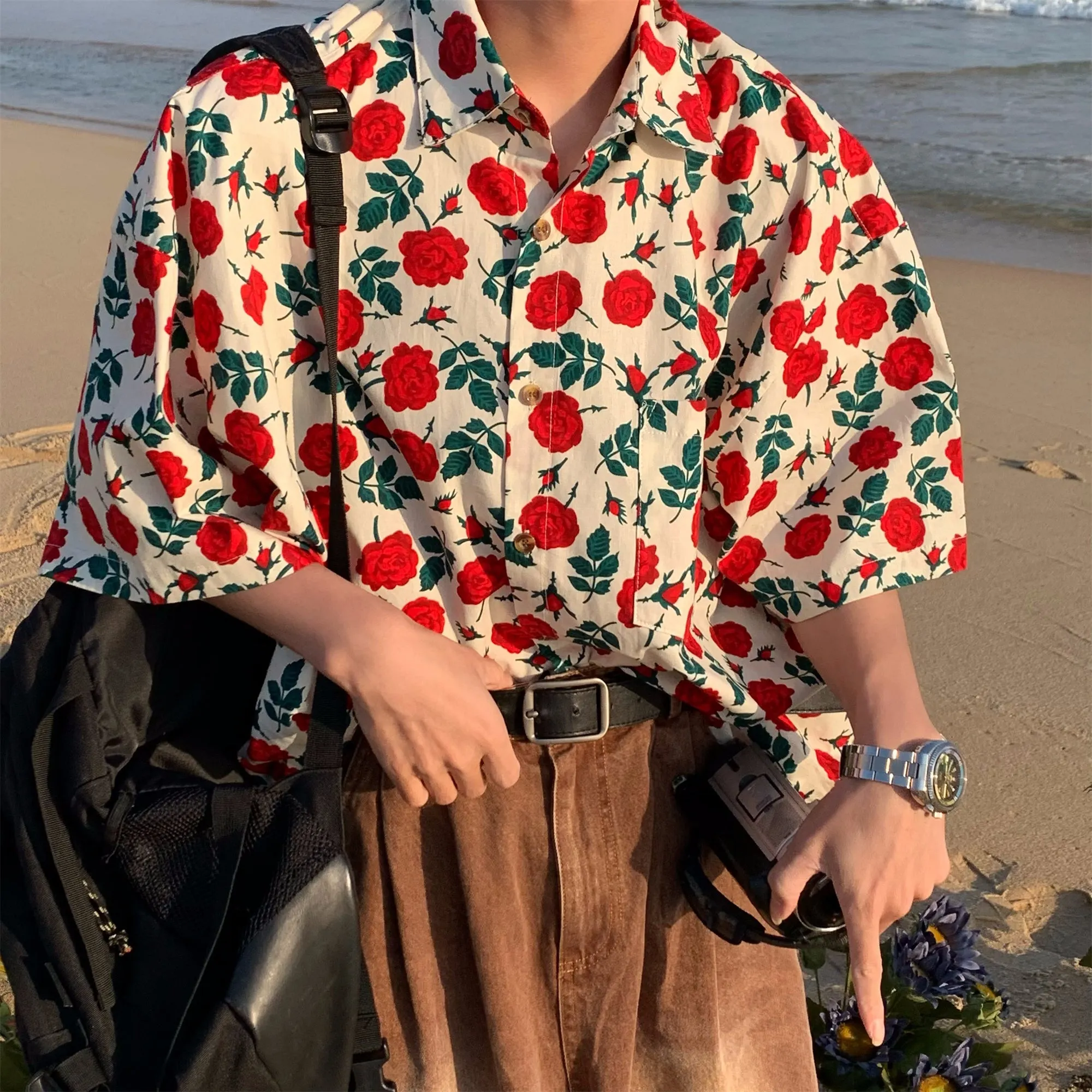 Red Rose Button-Up Shirt Maxct
