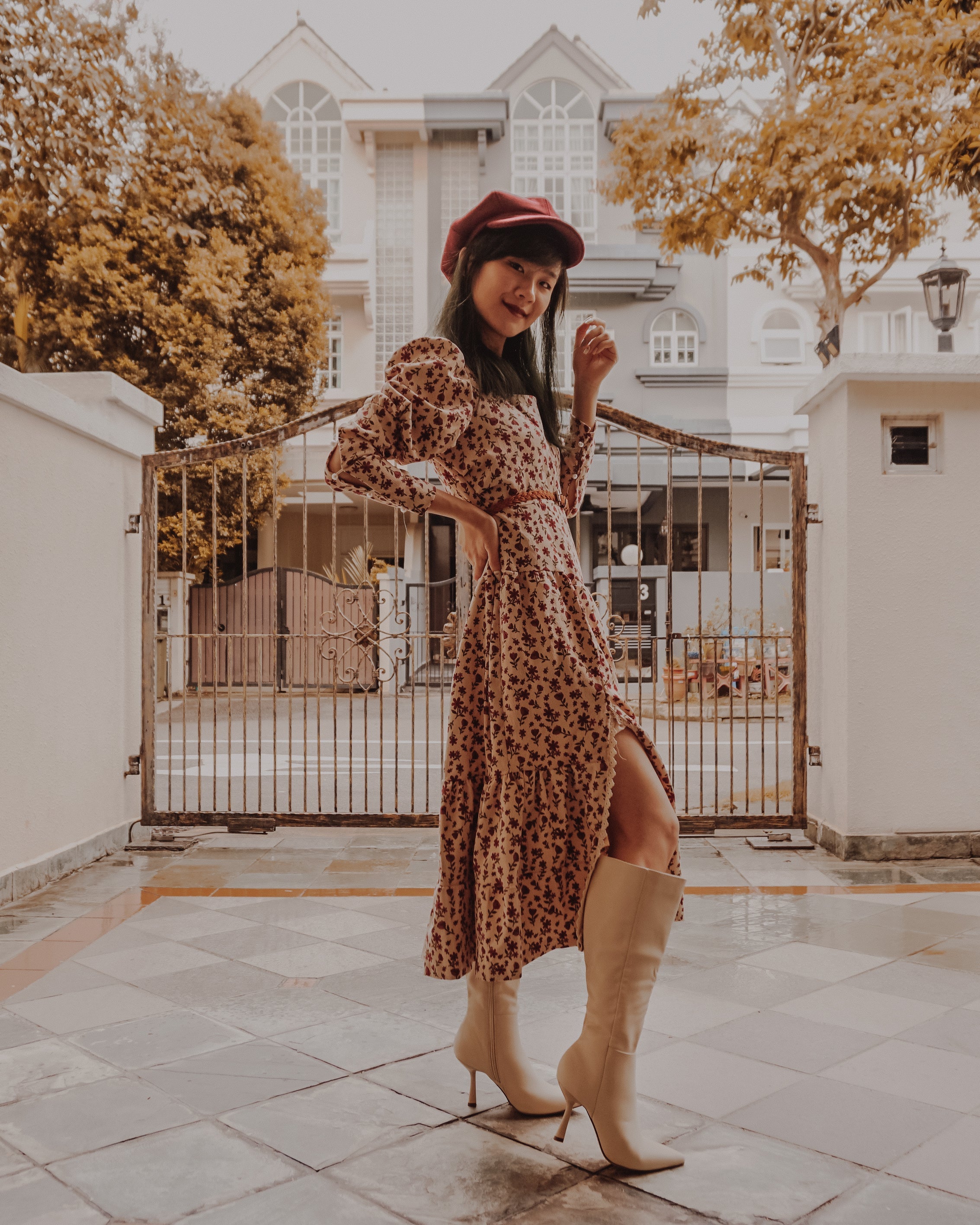 Sweet Floral Corduroy Midi Dress Maxct