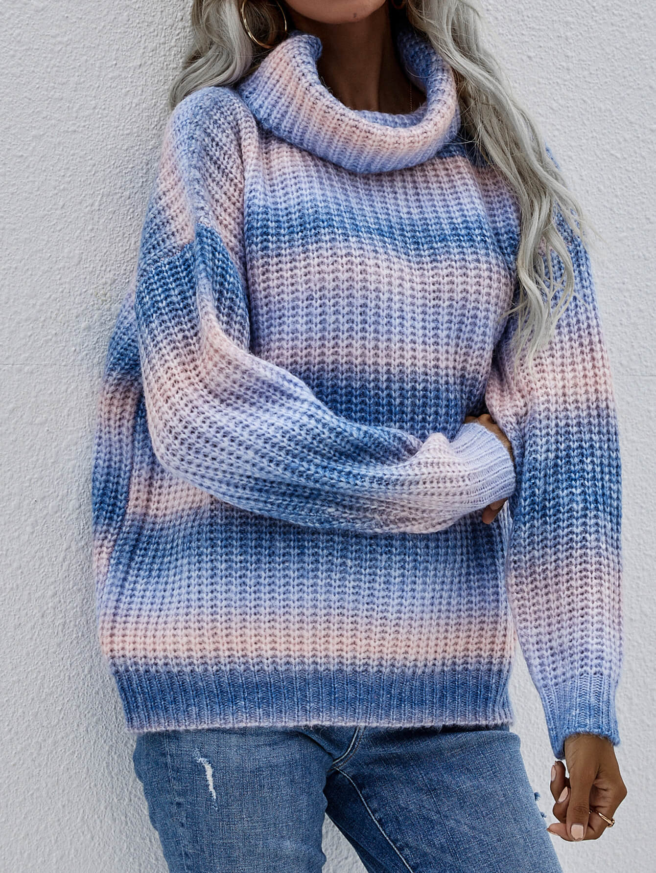 Maxct &Rainbow Rib-Knit Turtleneck Drop Shoulder Sweater