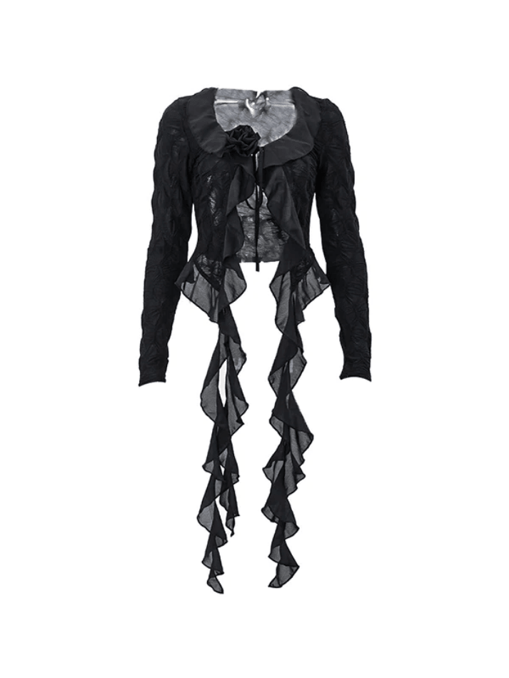 Maxct Tie Front Ruffles Flower Trim Long Sleeves Blouse