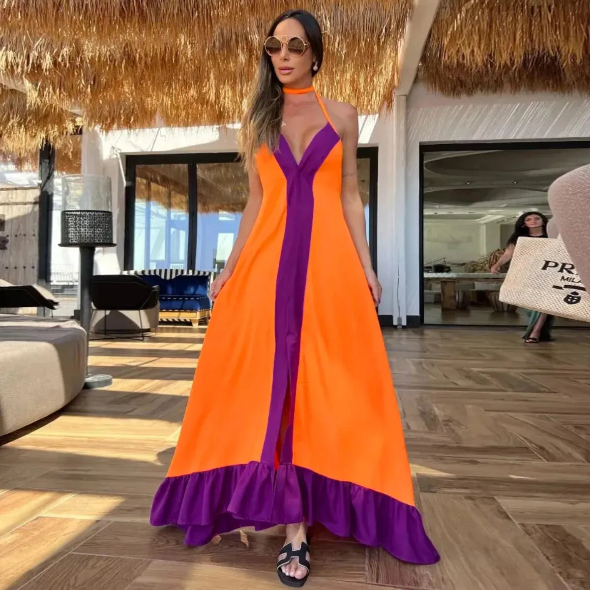 Maxct New Elegant Women Maxi Dress Halter Sleeveless Backless Casual Loose Robe Summer Beach Holiday Tie Up Dress