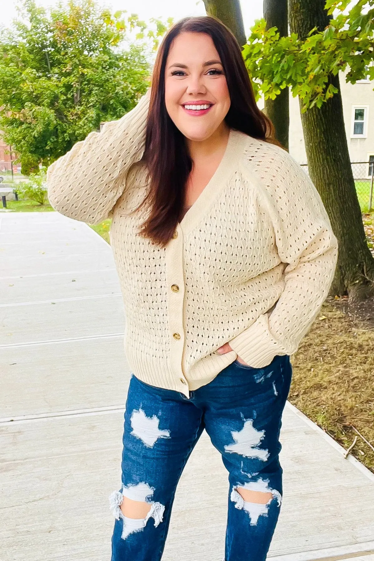 Maxct &Follow Me Oatmeal Pointelle Knit Button Down Cardigan
