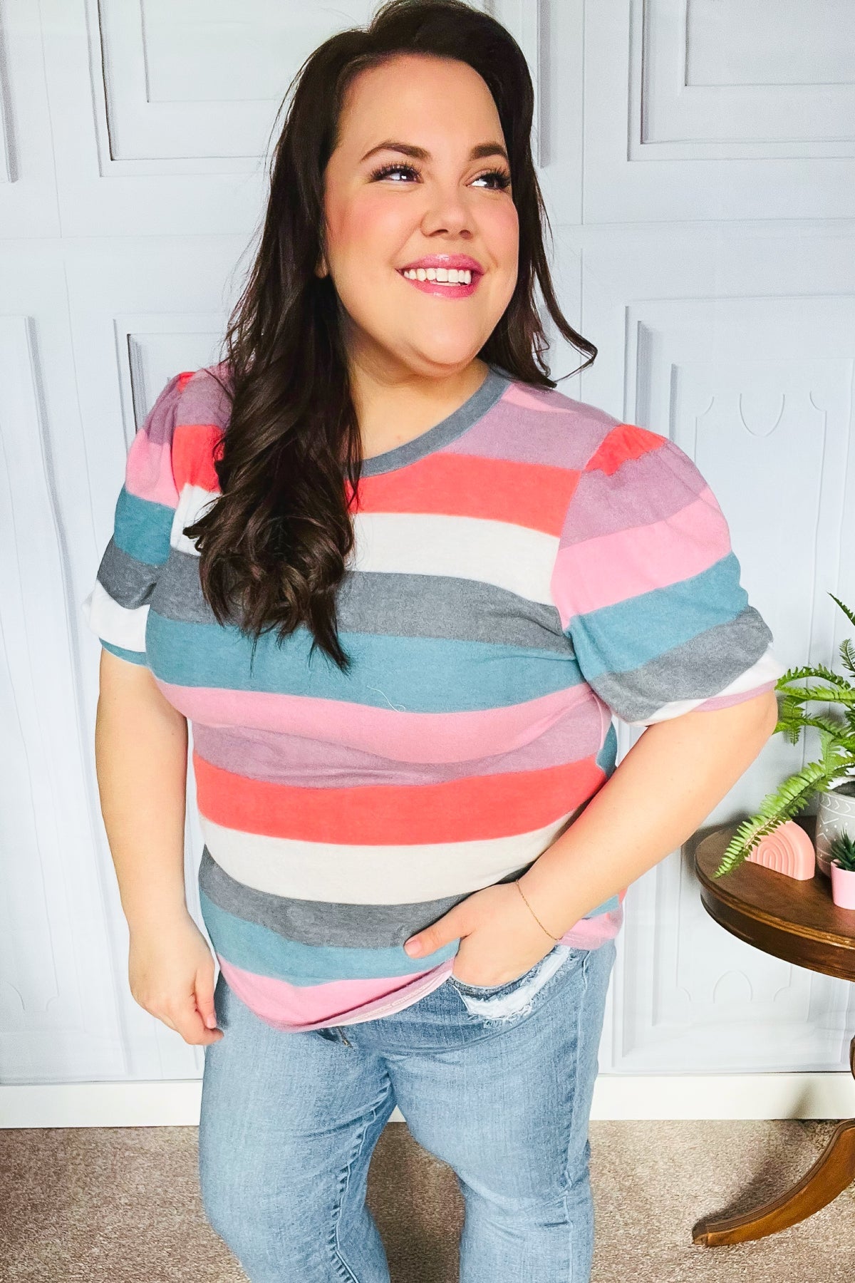 Maxct &Look Out Teal & Rose Striped Hacci Knit Puff Sleeve Top
