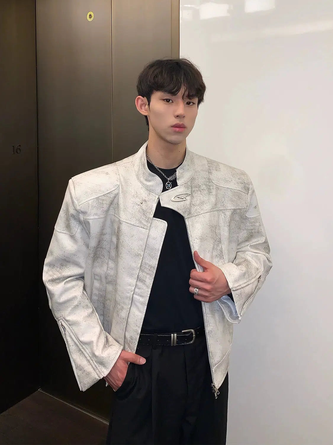 Maxct Stand Collar Leather Jacket with Shoulder Pads