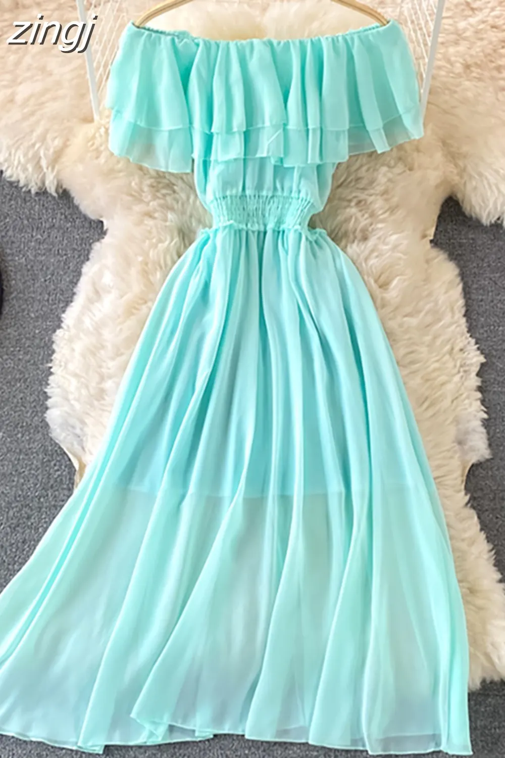 Maxct Chiffon Dress Women Sexy Slash Neck Ruffle Robe Elegant Ruffle High Waist Vestidos Female Beach Vacation New