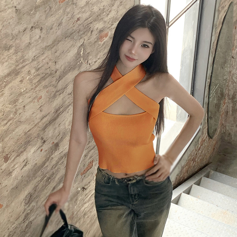 Maxct New Slim Top Short Hot Girl Pure Desire Cross Halter Knit Vest Woman Crop Tops Y2k Accessories