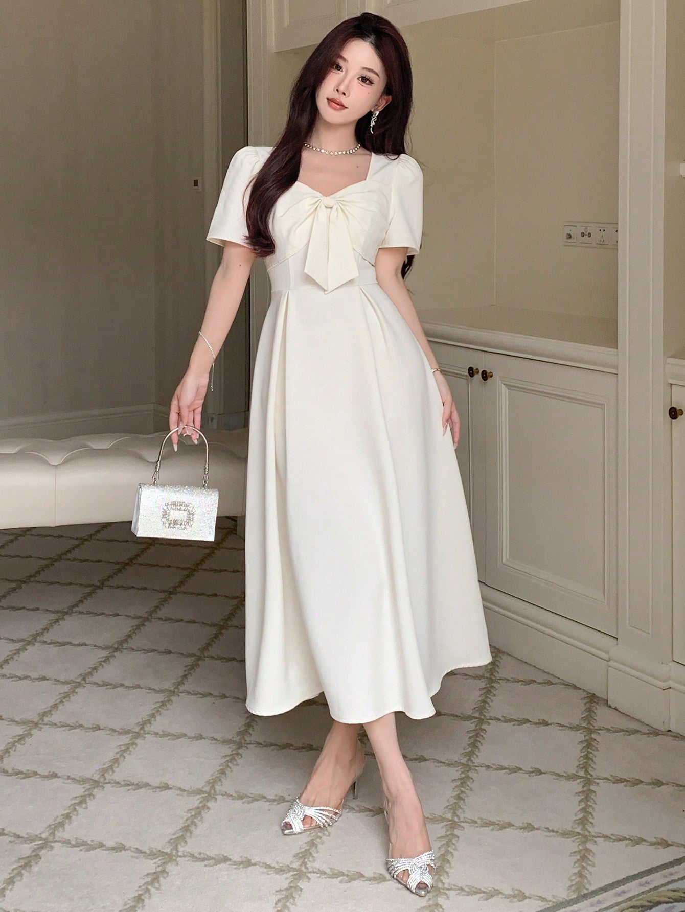 Maxct Women's Solid Color Simple Daily Butterfly Decorated Dress
