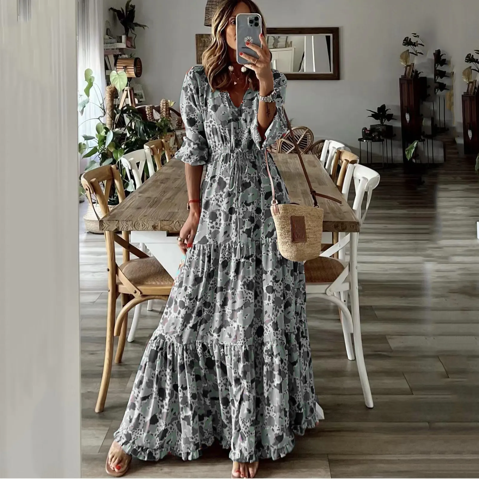 Maxct Maxct Summer New Women's Wear Temperament Holiday V Collar Print Large Place Long Dress