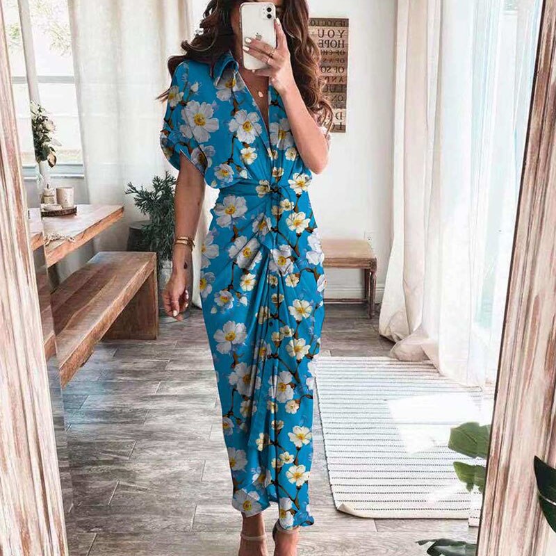 Maxct Short Sleeve Spring Dresses Fashion Summer Turn-down Collar Women Party Dress Elegant Button Office Lady Shirt Dress