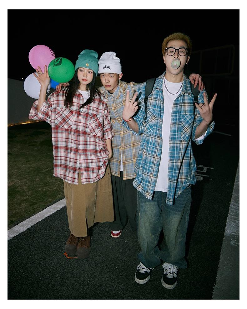 Maxct 90s Streetwear Japanese Niche Plaid Short-sleeved Shirt Men's Summer New Loose Trendy Brand All-match Shirt Couple's Coat Top