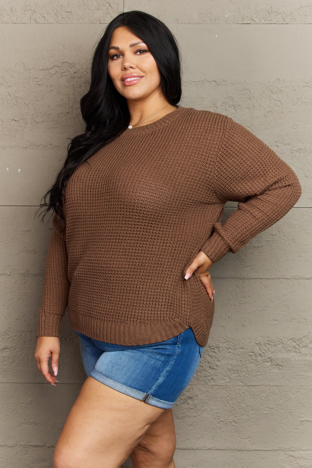 Maxct &Zenana Breezy Days Plus Size High Low Waffle Knit Sweater