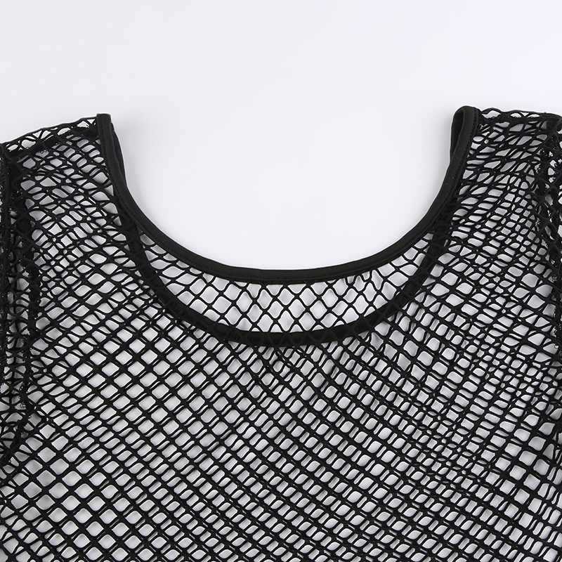 Harajuku Hollow Out See Through Crop Top Gothic Fishnet Mesh T-Shirts Grunge Mall Goth Women Summer Beach Cover-ups
