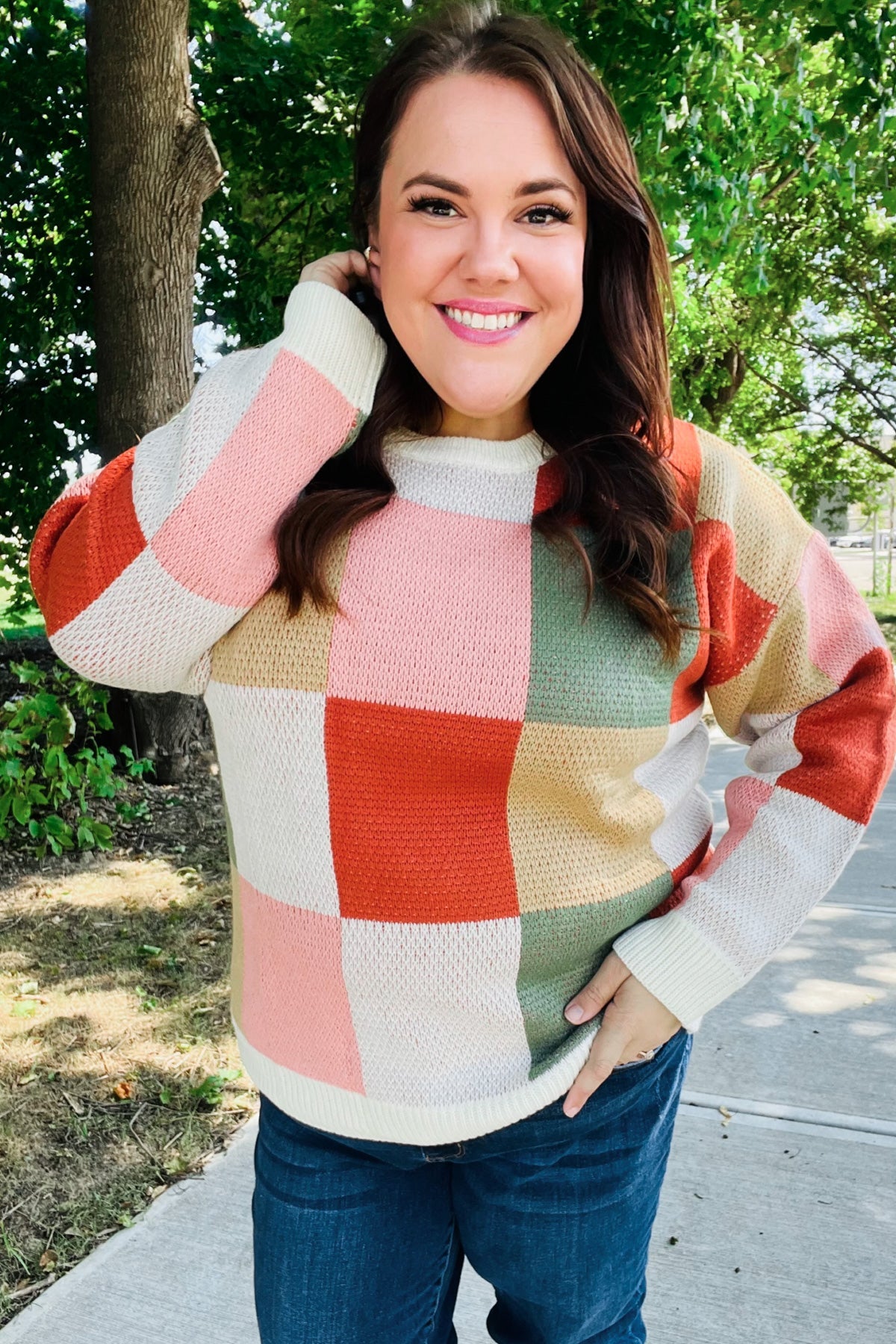 Maxct &Be Bold Ivory & Rust Checker Jacquard Knit Sweater
