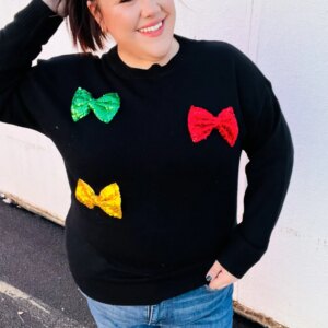 Maxct &Be Merry Black Multicolor Sequin Bow Knit Sweater