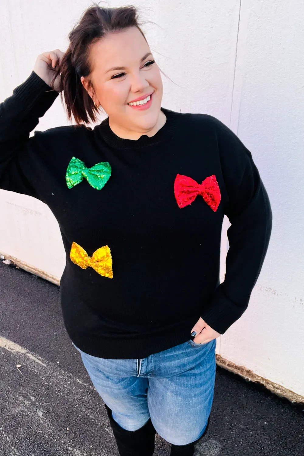 Maxct &Be Merry Black Multicolor Sequin Bow Knit Sweater