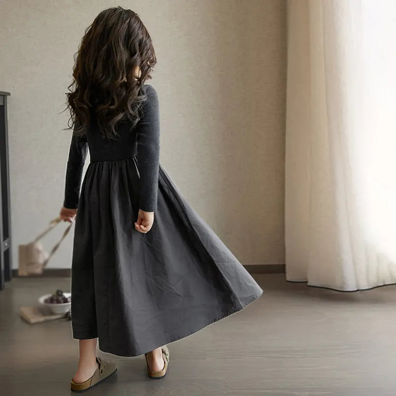 Maxct Autumn Kids Girls Beige Grey Simple Casual Patchwork Princess Elegant Long Sleeve Dresses Korean Style