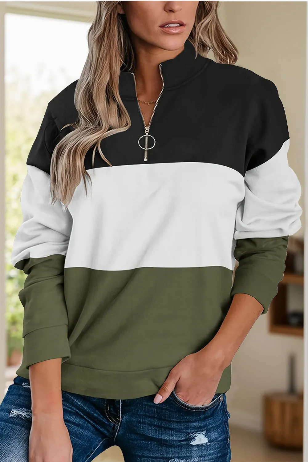 Maxct &Full Size Color Block Quarter Zip Long Sleeve Sweatshirt