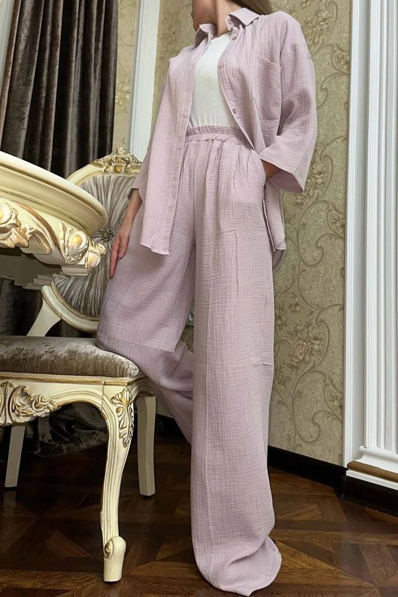 Maxct Button Belt Wide Leg Pants Two-piece Set