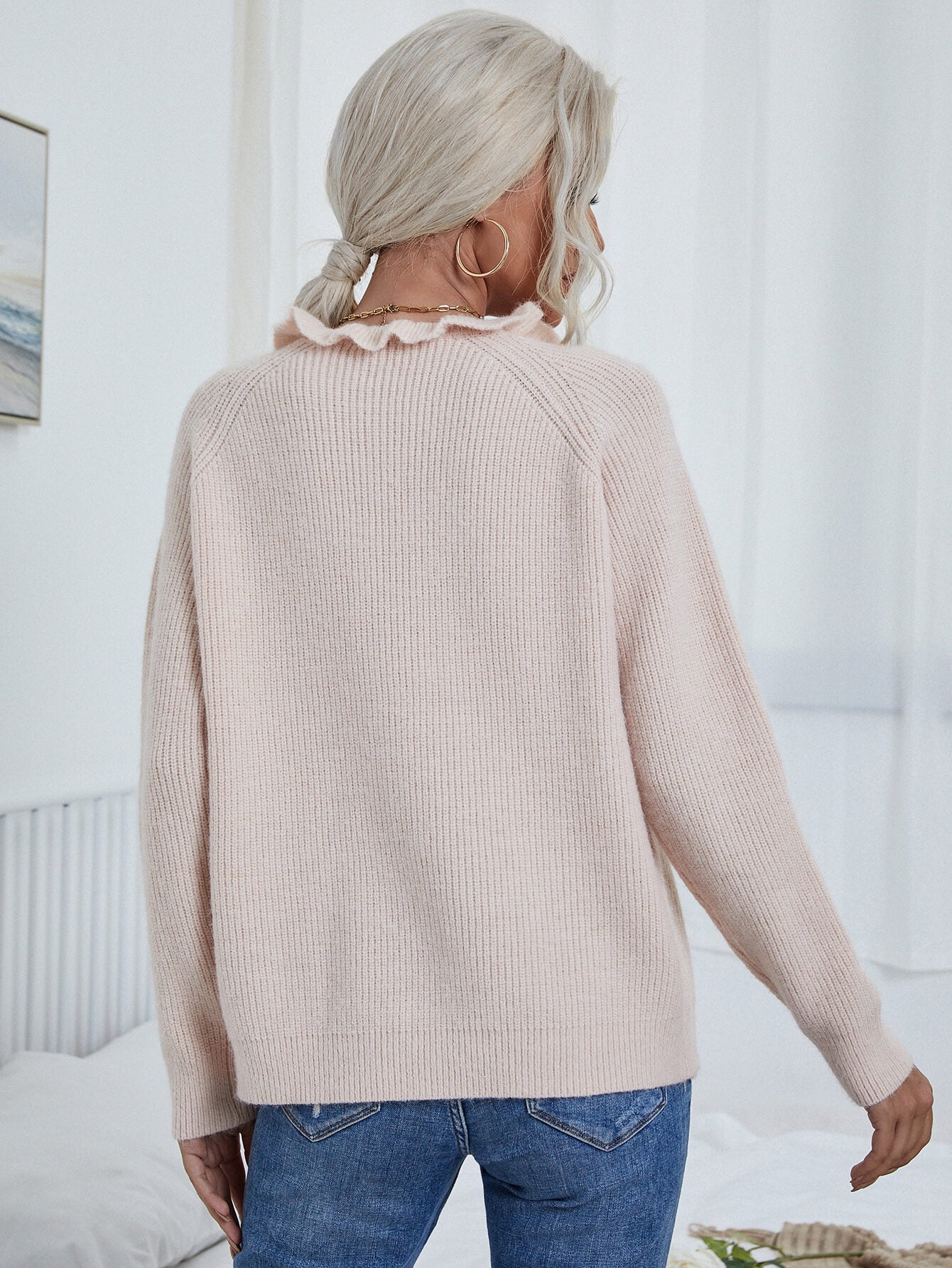 Maxct &Button Detail Frill Neck Rib-Knit Sweater