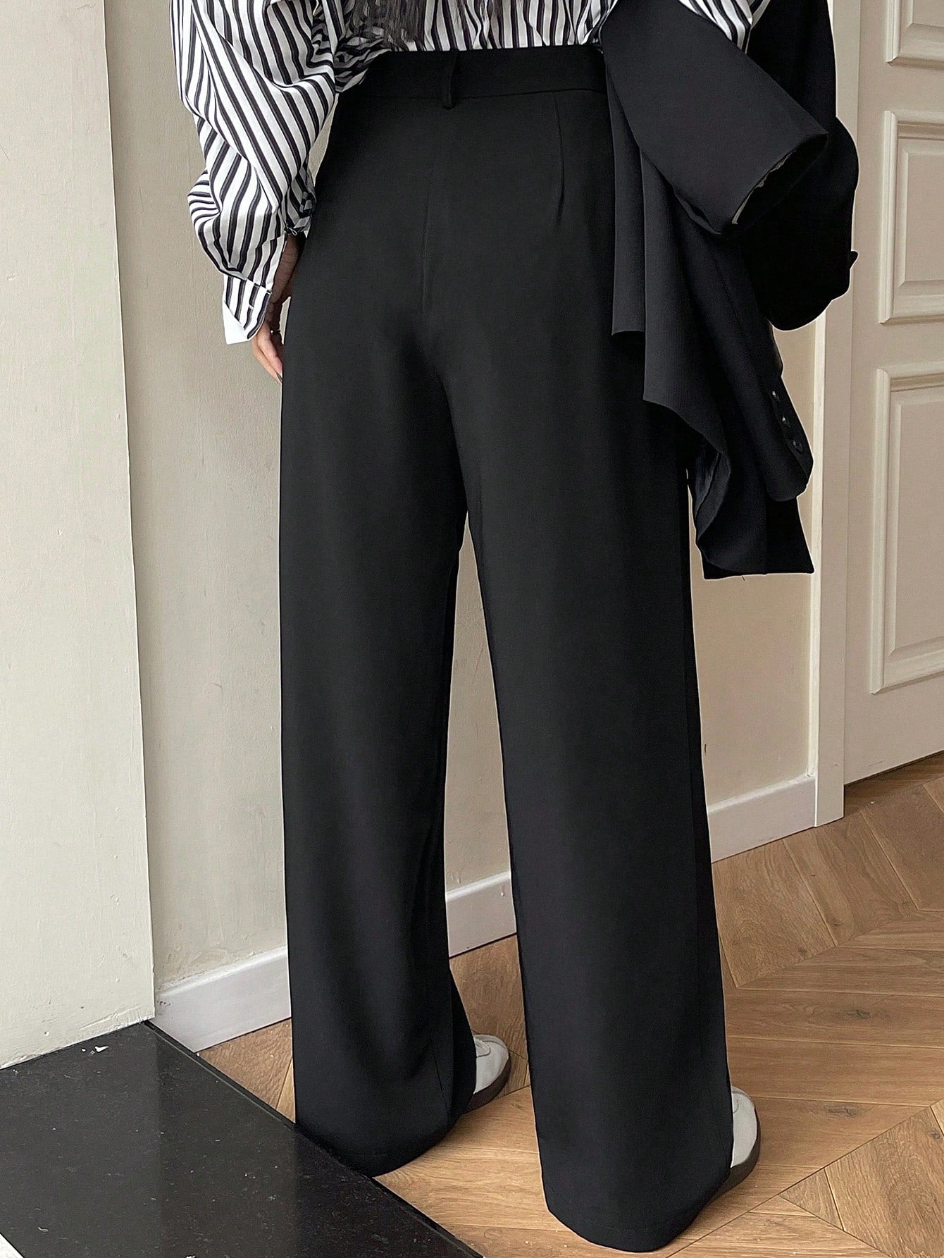 Maxct Solid Color Pleated Casual Straight Suit Pants