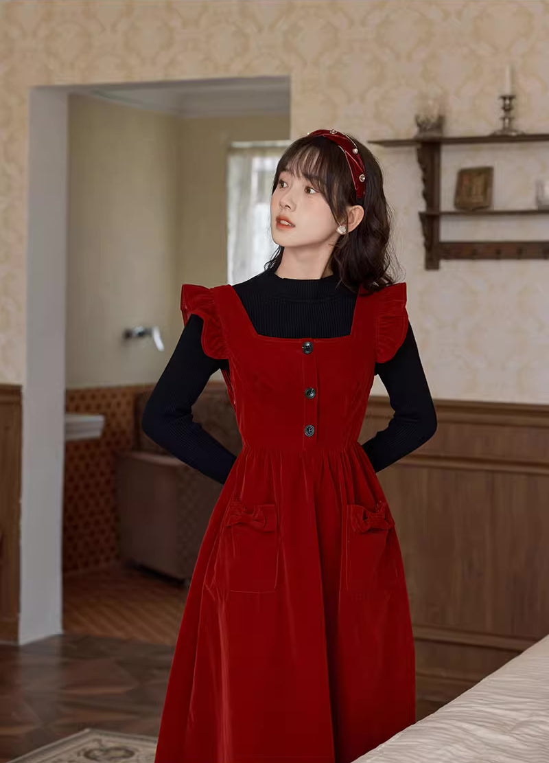 Velvet Frilly Bow Pinafore Dress Maxct