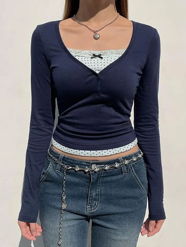 Maxct-Long Sleeve Mock Two Piece Lace-Trim Crop T-Shirt